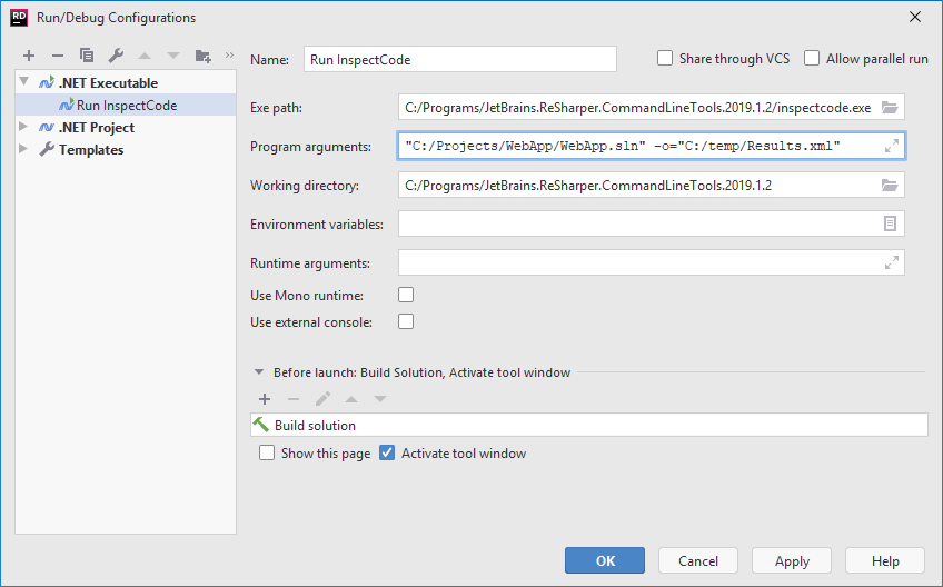JetBrains Rider run configuration: .NET Executable