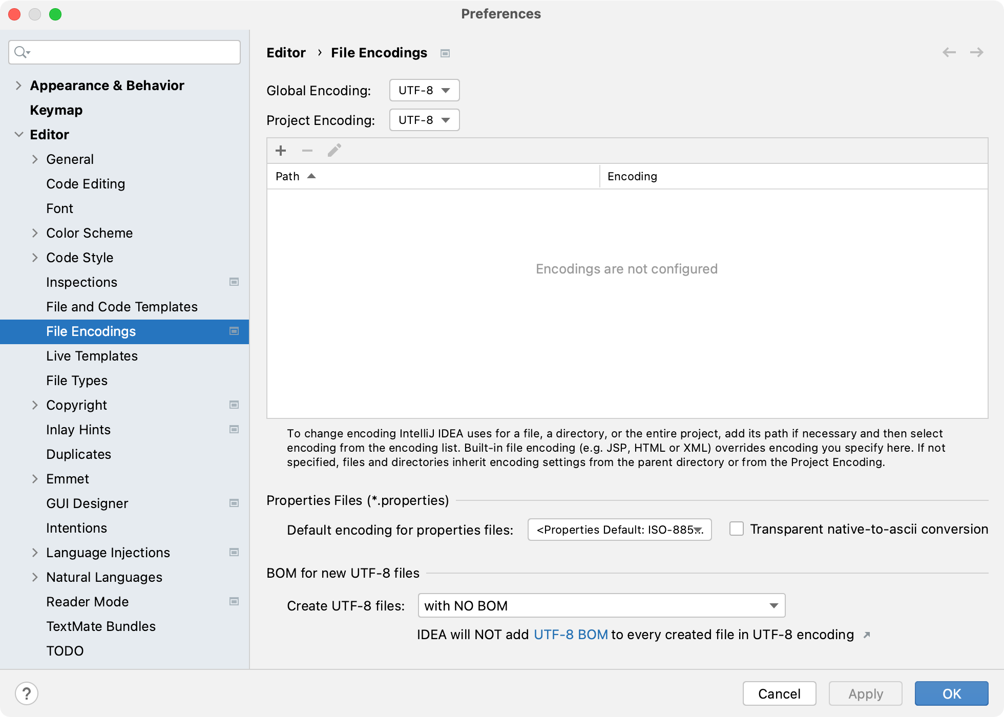 The Editor | File Encodings settings