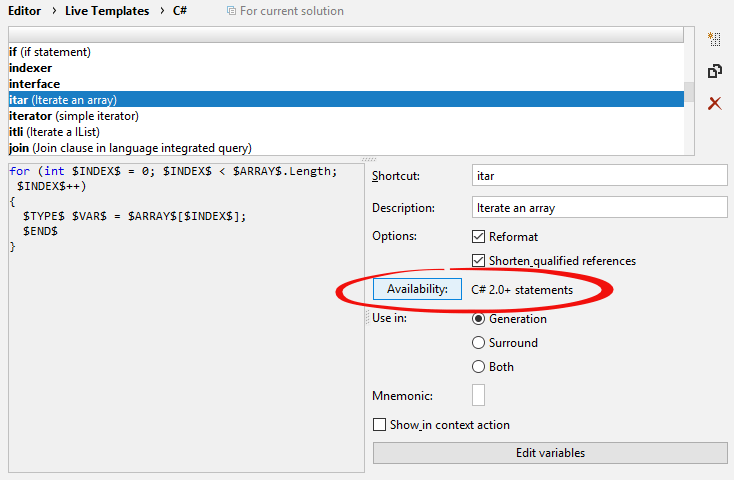 JetBrains Rider: Template scopes