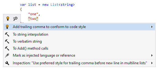 JetBrains Rider syntax style inspection: Add trailing comma
