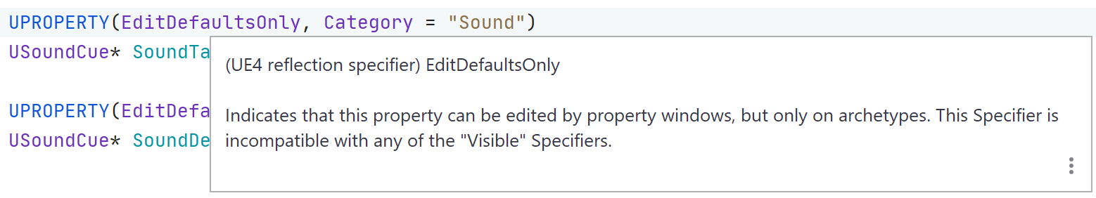 JetBrains Rider: Quick documentation for Unreal Engine reflection specifiers