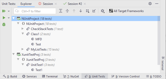 JetBrains Rider: Unit Test Explorer displays tests from the entire solution