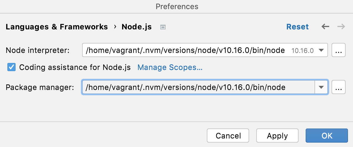 Configure remote Node.js interpreter: package manager specified