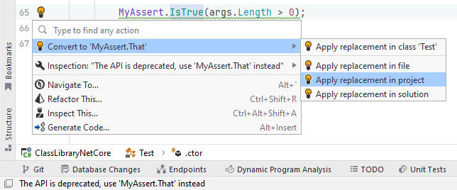JetBrains Rider: Using [CodeTemplate] attribute to suggest migration fixes for deprecated APIs