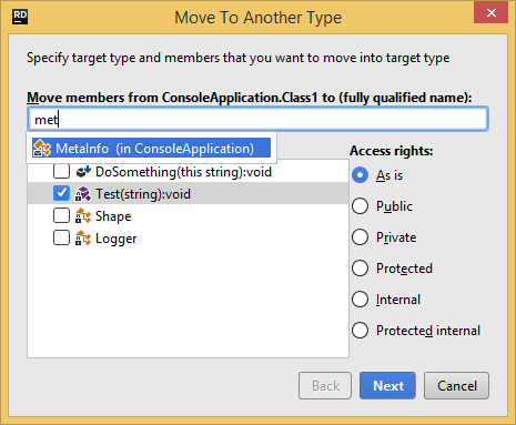 JetBrains Rider.'Move to Another Type' refactoring