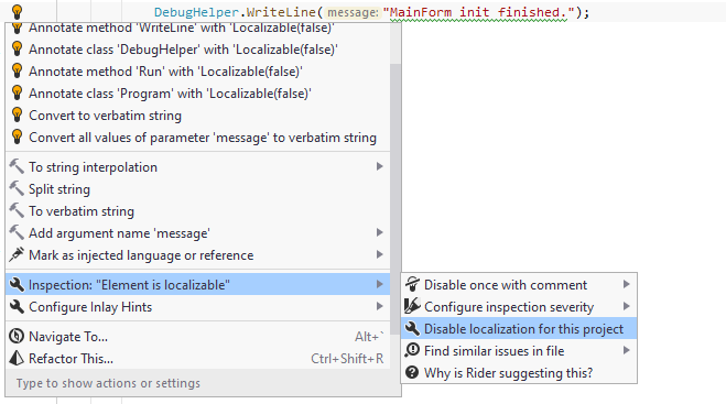 JetBrains Rider: Disabling localization inspection for project