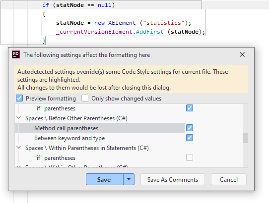 Configuring formatting rules for selected code