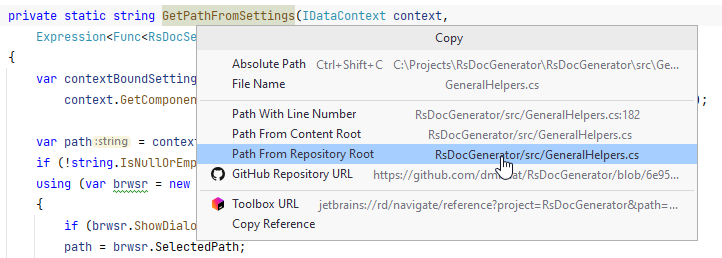 JetBrains Rider: Copy Path / Reference popup