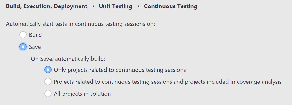 JetBrains Rider: Continuous Testing settings