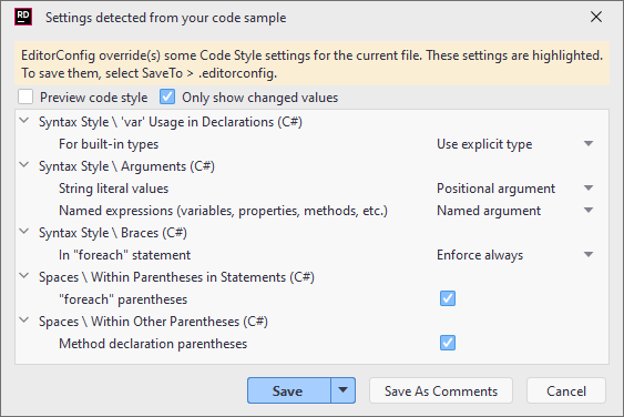 JetBrains Rider: Using formatting rules from existing code
