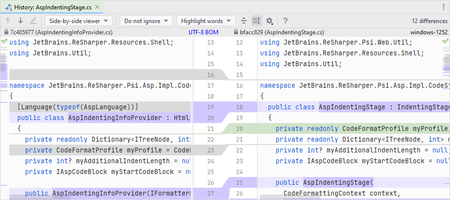 JetBrains Rider: differences viewer