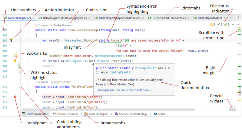JetBrains Rider: visual elements of the editor