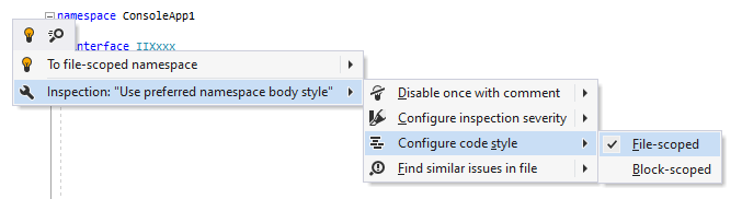 JetBrains Rider: Changing code style preference for namespace body