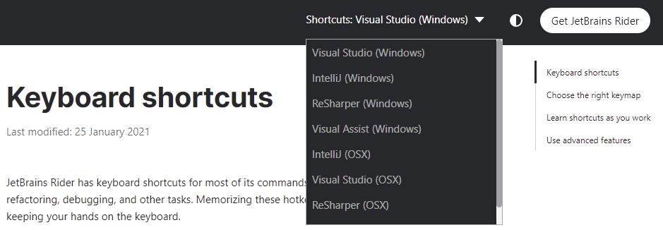 Keyboard shortcuts selector in the documentation