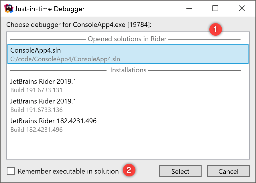 JetBrains Rider: Choosing how to launch just-in-time debugger