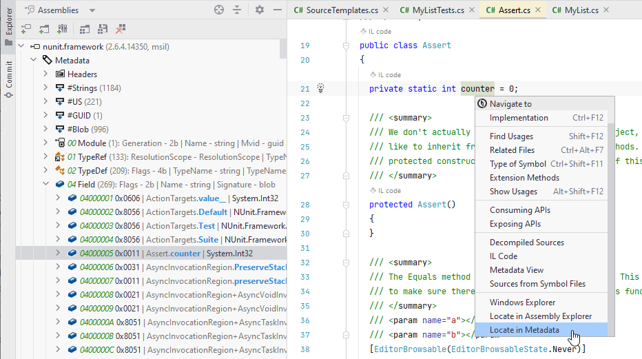 Exploring assembly metadata with JetBrains Rider