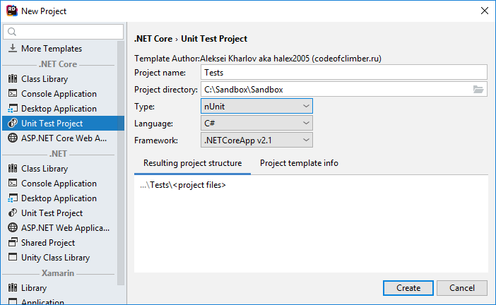 JetBrains Rider: project template for NUnit test project