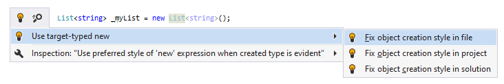 JetBrains Rider syntax style inspection: Use target-typed new