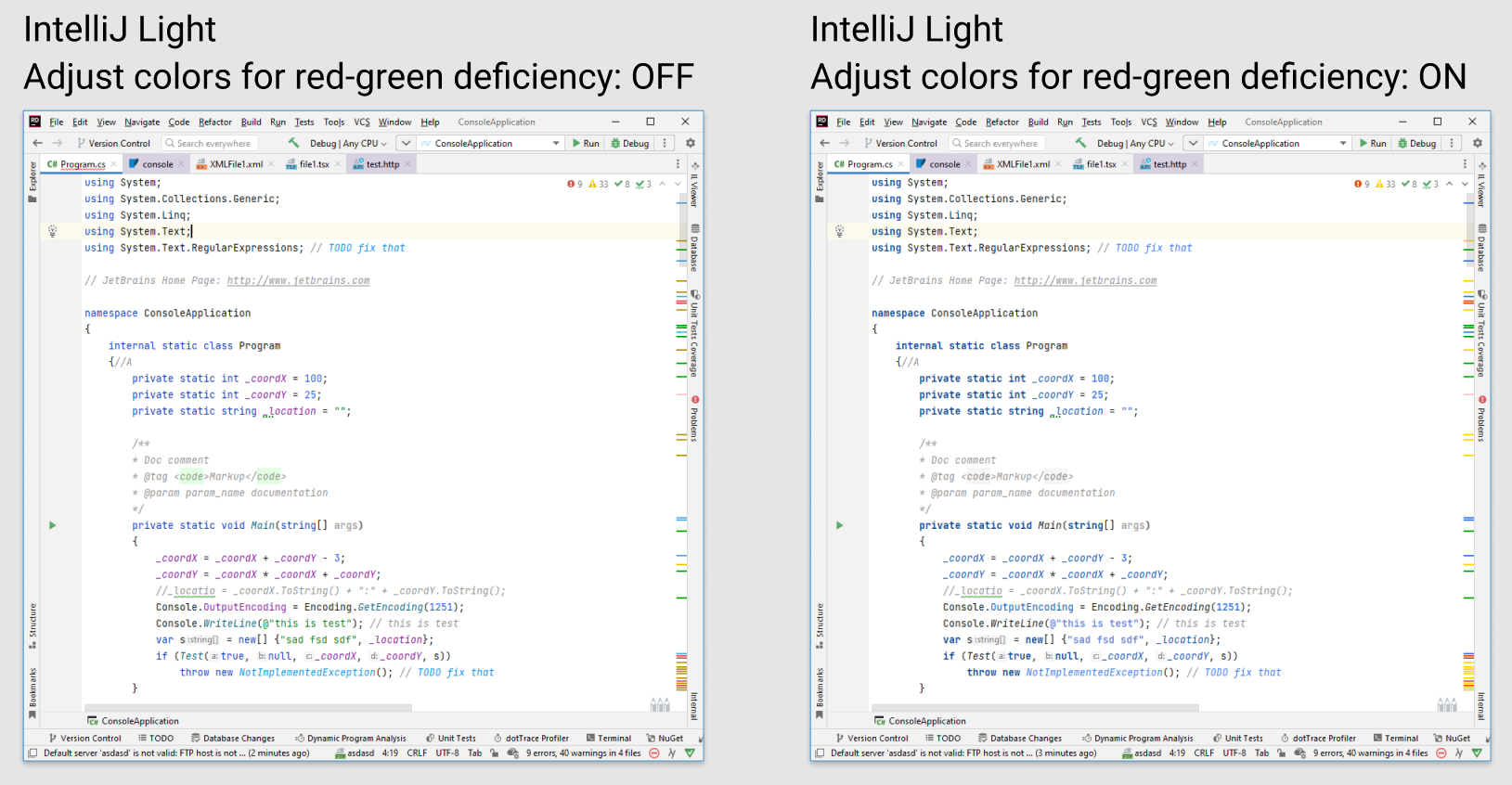 Special colors for the red-green color vision deficiency. IntelliJ-Light theme