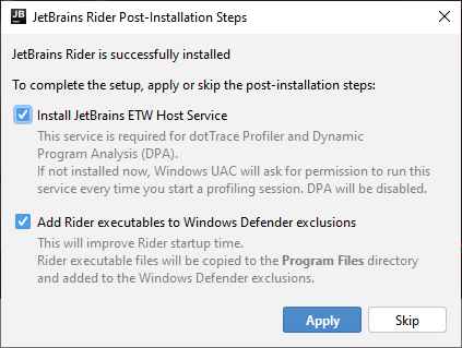 JetBrains Rider: Post installation options