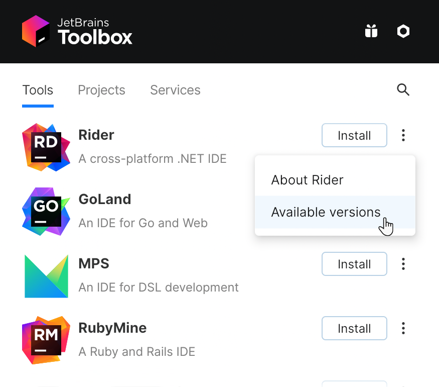 JetBrains Rider in the Toolbox App
