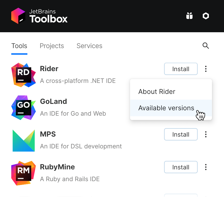 JetBrains Rider in the Toolbox App