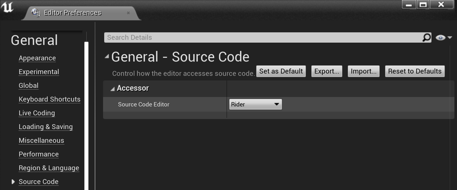 Unreal Editor: Editor Preferences | General | Source Code