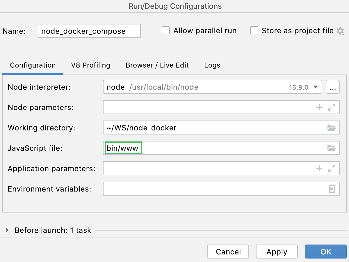 Node.js run/debug configuration: JavaScript file specified