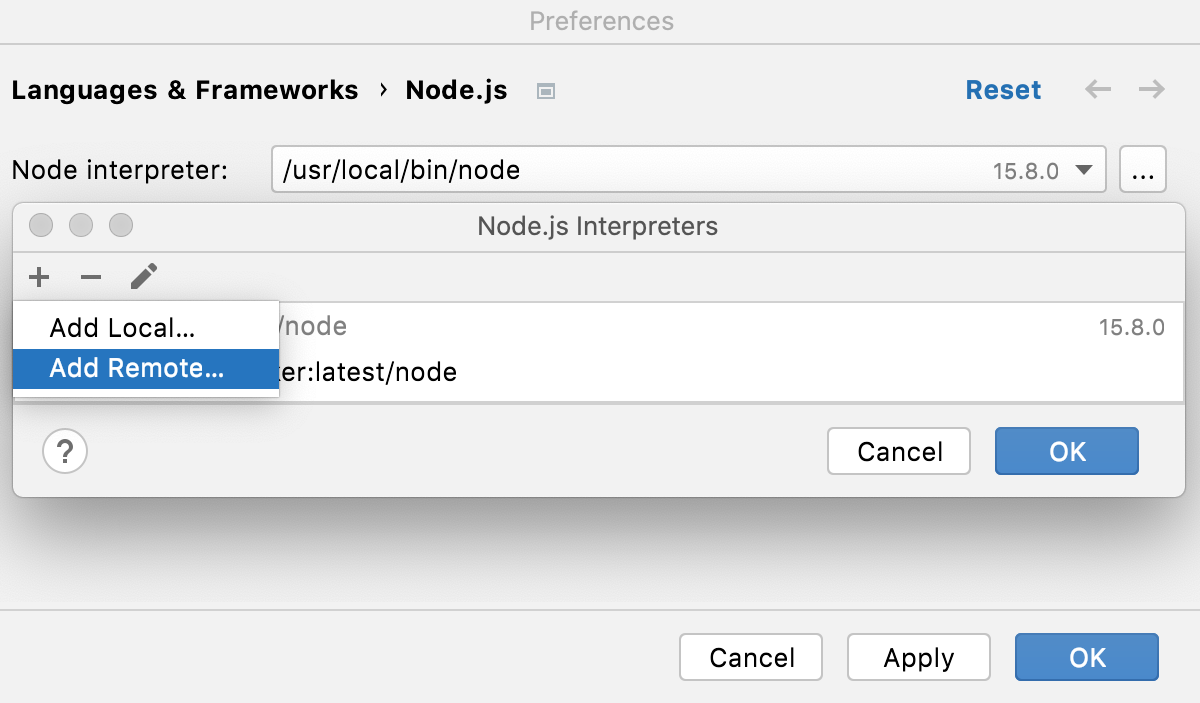 Configure Node.js remote interpreter: Add Remote