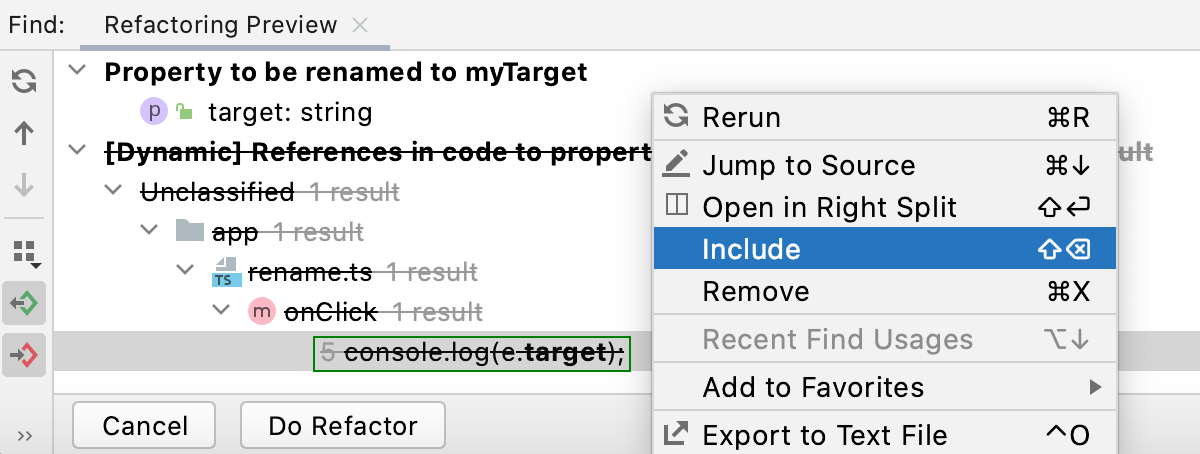 Refactoring Preview: the dynamic usages of a symbol are marked as excluded from refactoring