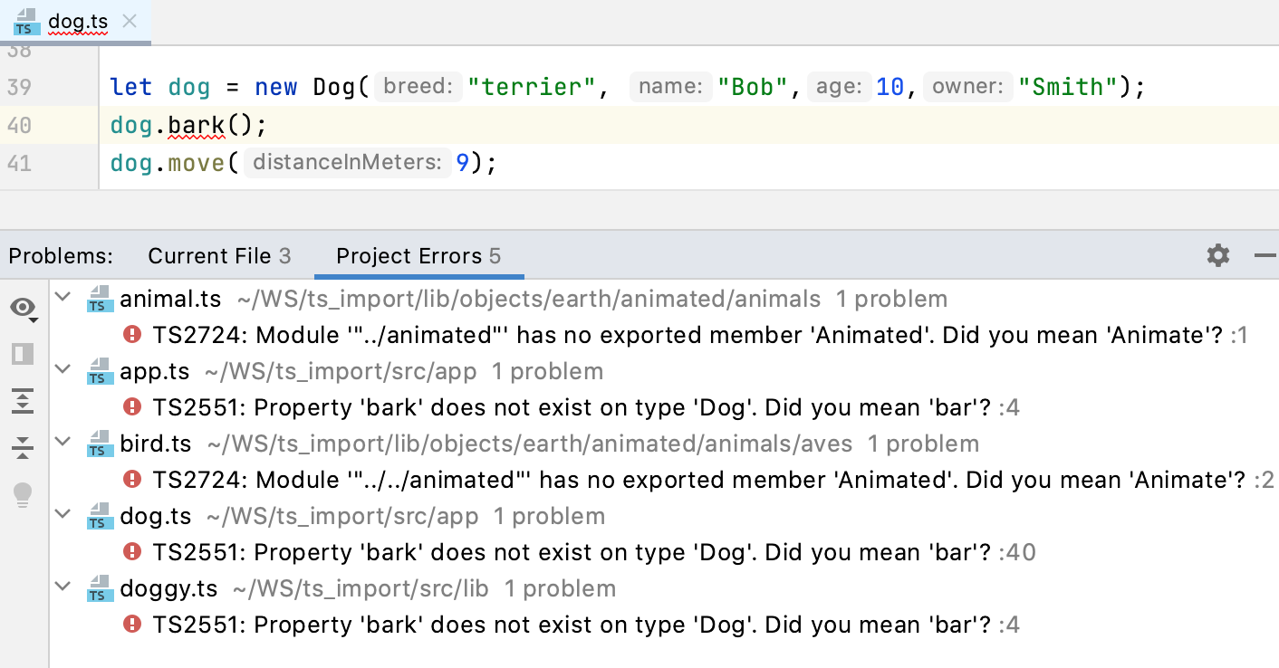 Problems tool window, TypeScript. Project Errors tab shows syntax errors across the project