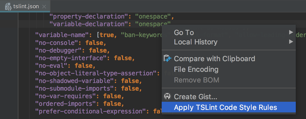 Import TSLint code style rules from the editor: context menu