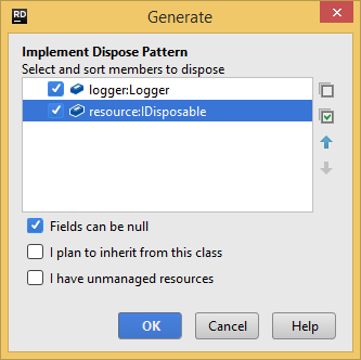 Generating a dispose pattern with JetBrains Rider