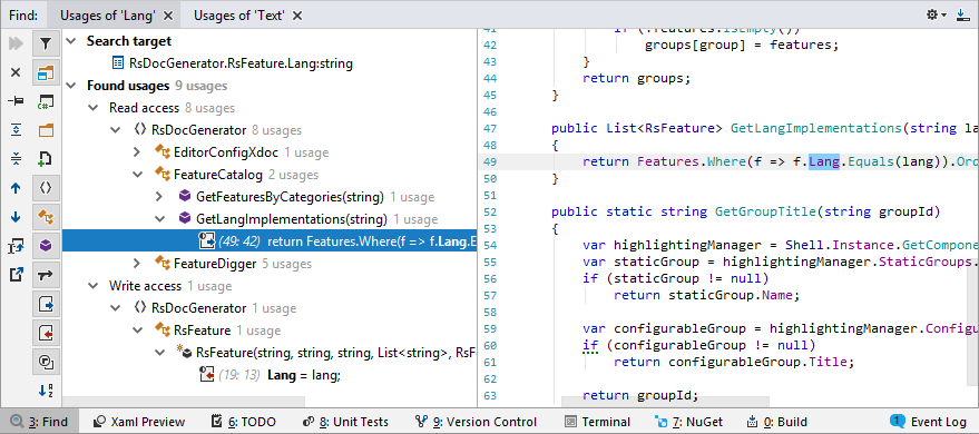 JetBrains Rider: Finding Usages of a Symbol