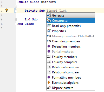 JetBrains Rider: Generate members in VB.NET