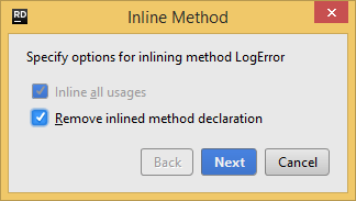 JetBrains Rider: Inline Method dialog