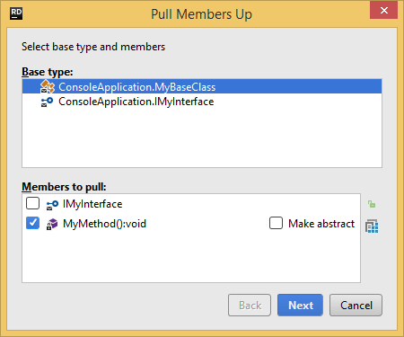 JetBrains Rider. Pull Members Up refactoring