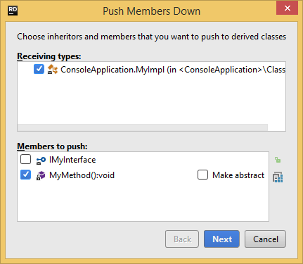 JetBrains Rider. Push Members Down refactoring