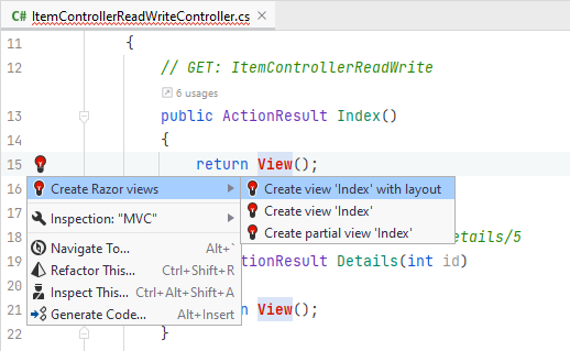 JetBrains Rider: ASP.NET Scaffolding. Create missing Views