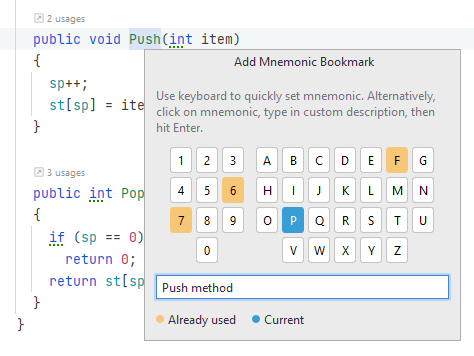 JetBrains Rider: Adding a mnemonic bookmark, selecting an identifier