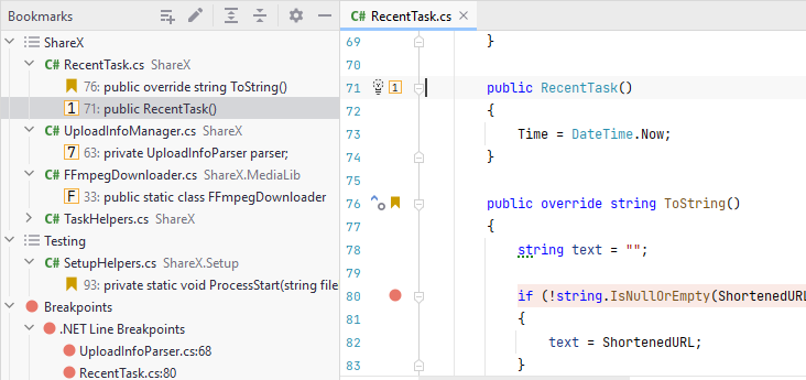 JetBrains Rider: Bookmarks tool window