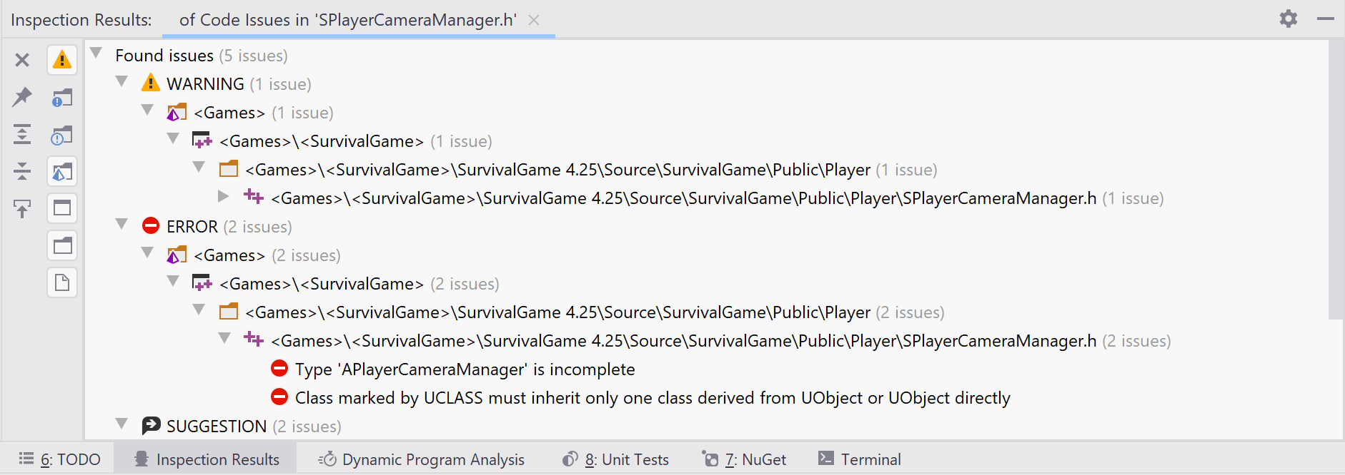 Code inspection results in an UE project