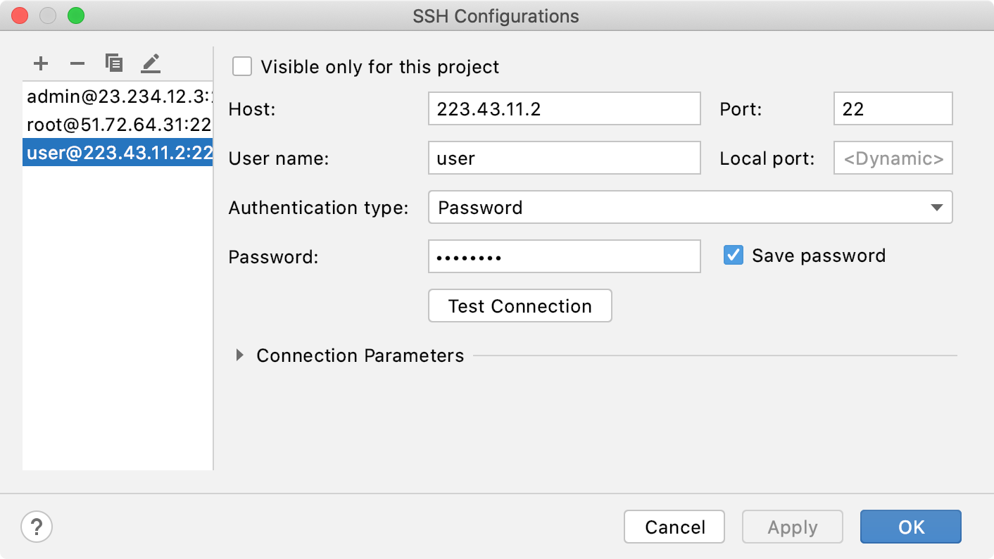 SSH and SSL settings of a data source