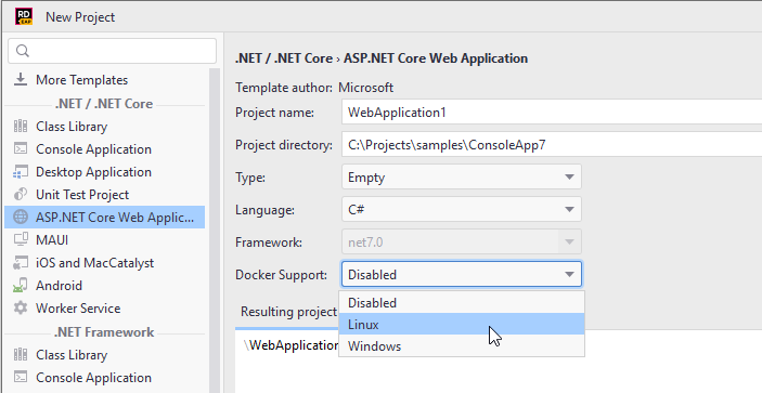 JetBrains Rider: Enable Docker support for a new .NET project
