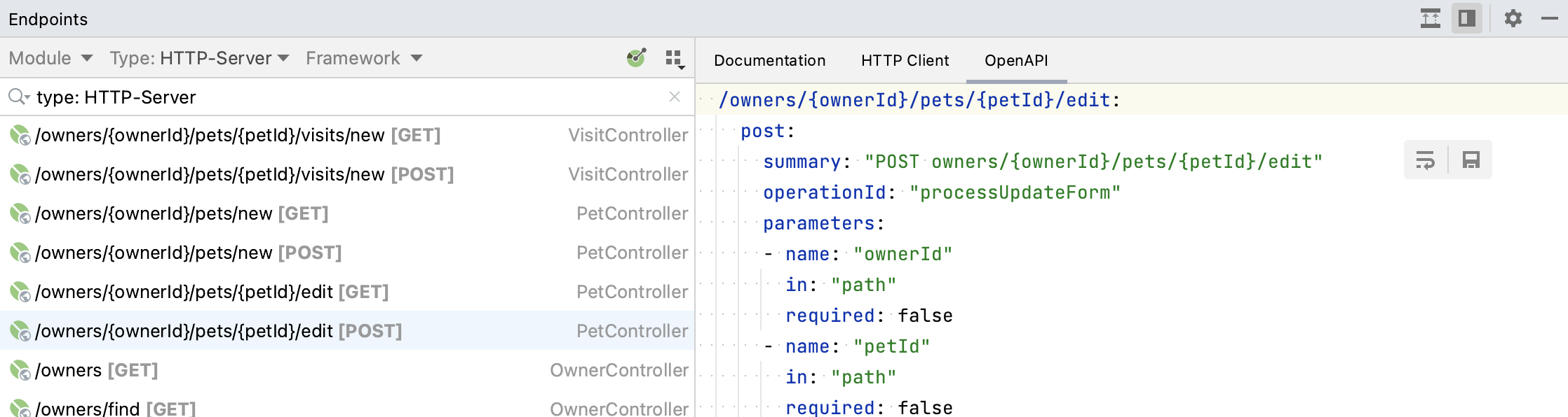 Endpoints tool window: OpenAPI tab