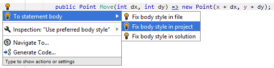 JetBrains Rider. 'To statement body' quick-fix