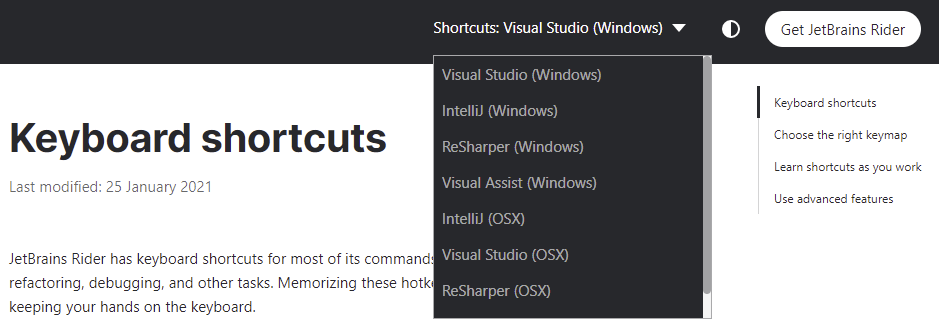 Keyboard shortcuts: keymaps comparison (Windows) | JetBrains Rider  Documentation