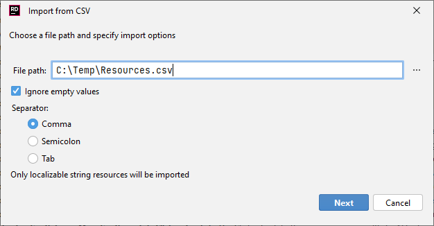 JetBrains Rider: Localization Manager. Import from CSV