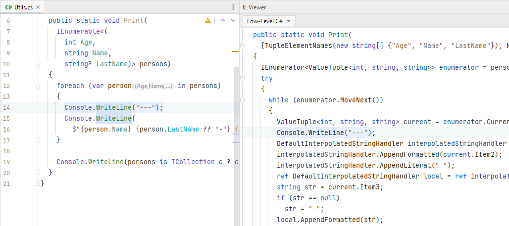 JetBrains Rider: Comparing original and low-level C# code