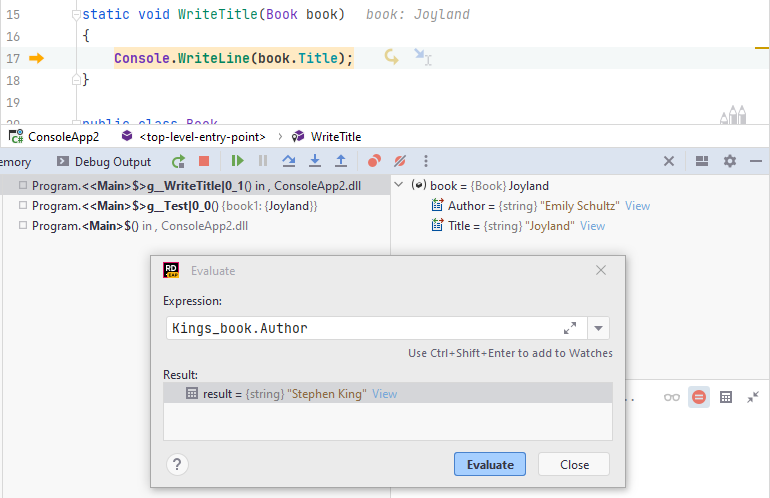 JetBrains Rider debugger: Evaluating expression with a tracked object